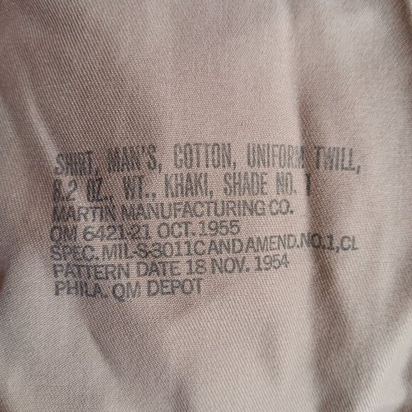 Vintage Mens Army Shirt Small 1950's Shade 1 Twill Khaki 1955 Uniform Patched - Picture 5 of 6